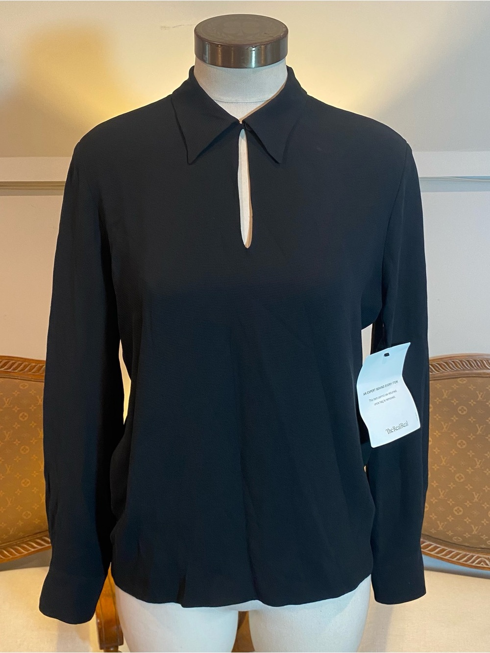 Calvin Klein Collection Black Silk Long-Sleeve Keyhole Collar Blouse Runway M/L